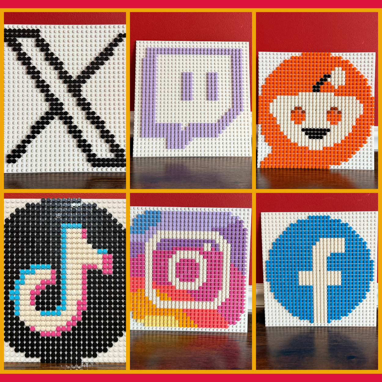 Social Media Logo Pixel Art | 32x32 Brick Mosaic Wall Art | Facebook, Instagram, X, Reddit, Twitch, TikTok