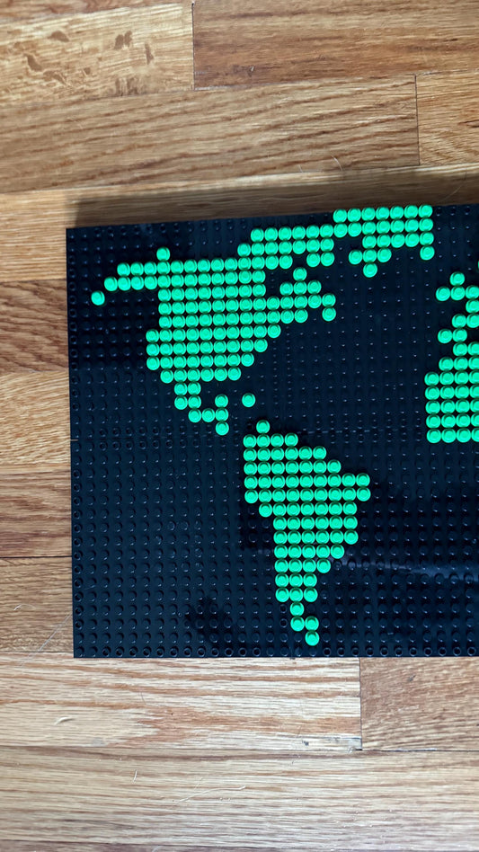 Brick World Map Mosaic | 64x32 Stud Pixel Art | Custom Color Options | Handmade LEGO-Compatible Wall Art | Travel & Geography Decor