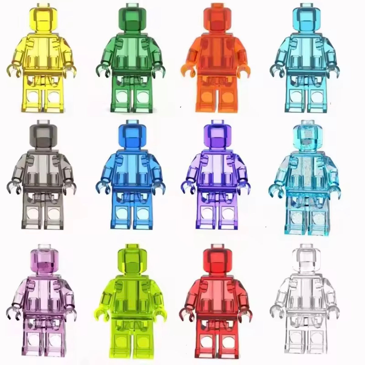 Set of 12 Transparent Brick Figures – Clear Brick Figures (Adult Builds & Display-Grade)