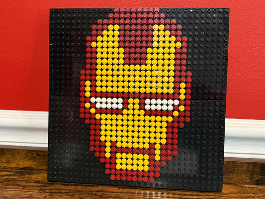 Iron Man Pixel Art | 32x32 LEGO-Compatible Brick Mosaic | Marvel Superhero Wall Decor | Handmade Tony Stark Mask Art | 10"x10"