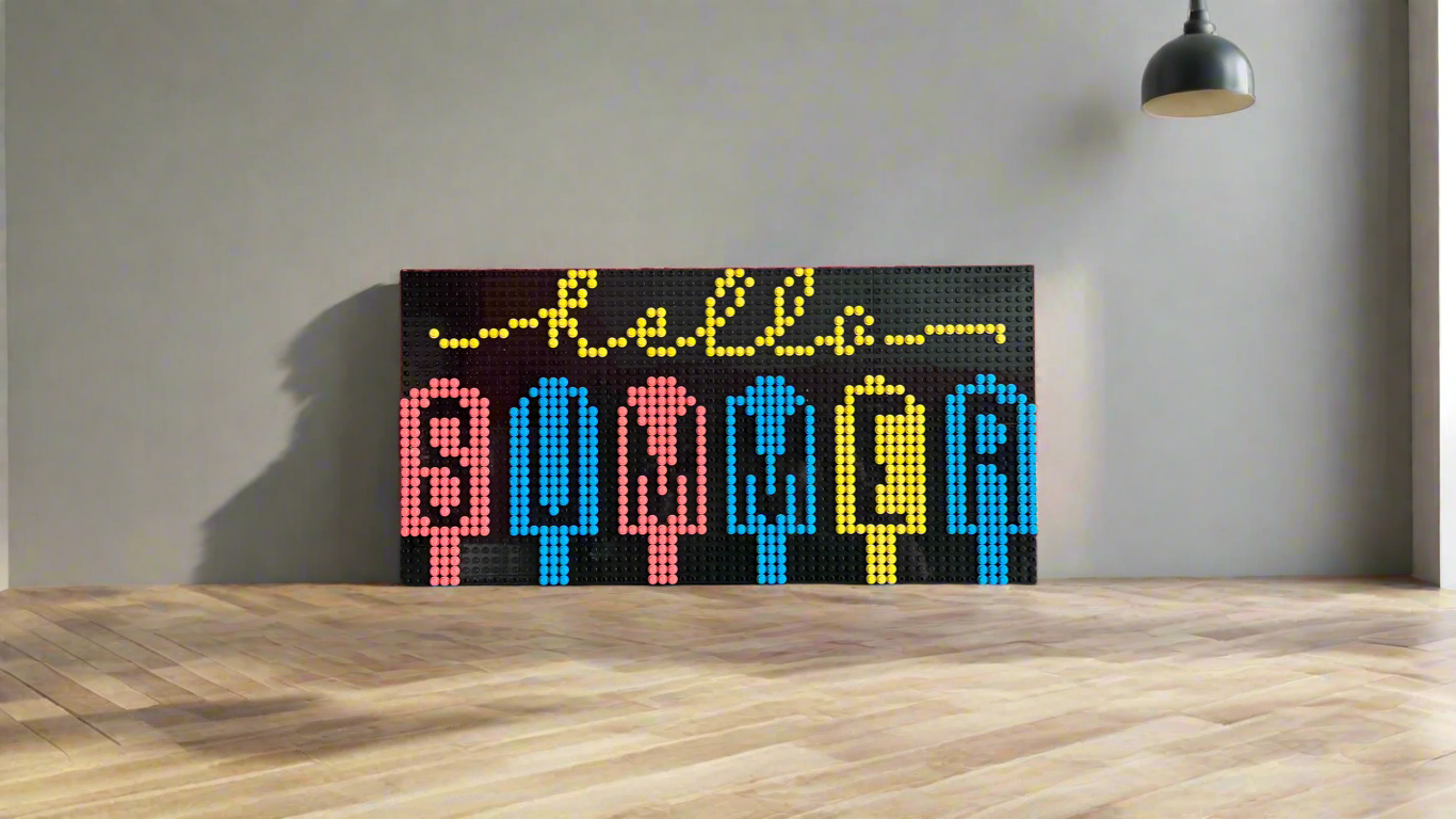 “Hello Summer” Pixel Art Sign | 62x32 LEGO-Compatible Brick Mosaic | Bright Summer Wall Decor | Handmade Brick Sign | Vibrant Seasonal Art