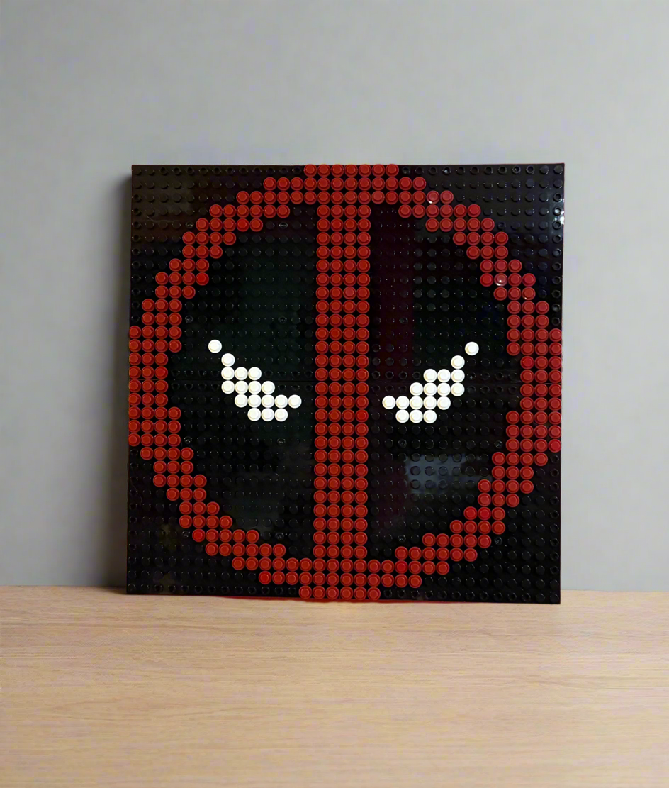 Deadpool Logo Pixel Art | 32x32 LEGO-Compatible Brick Mosaic | Marvel Antihero Wall Decor | Handmade Pixel Art | 10"x10"