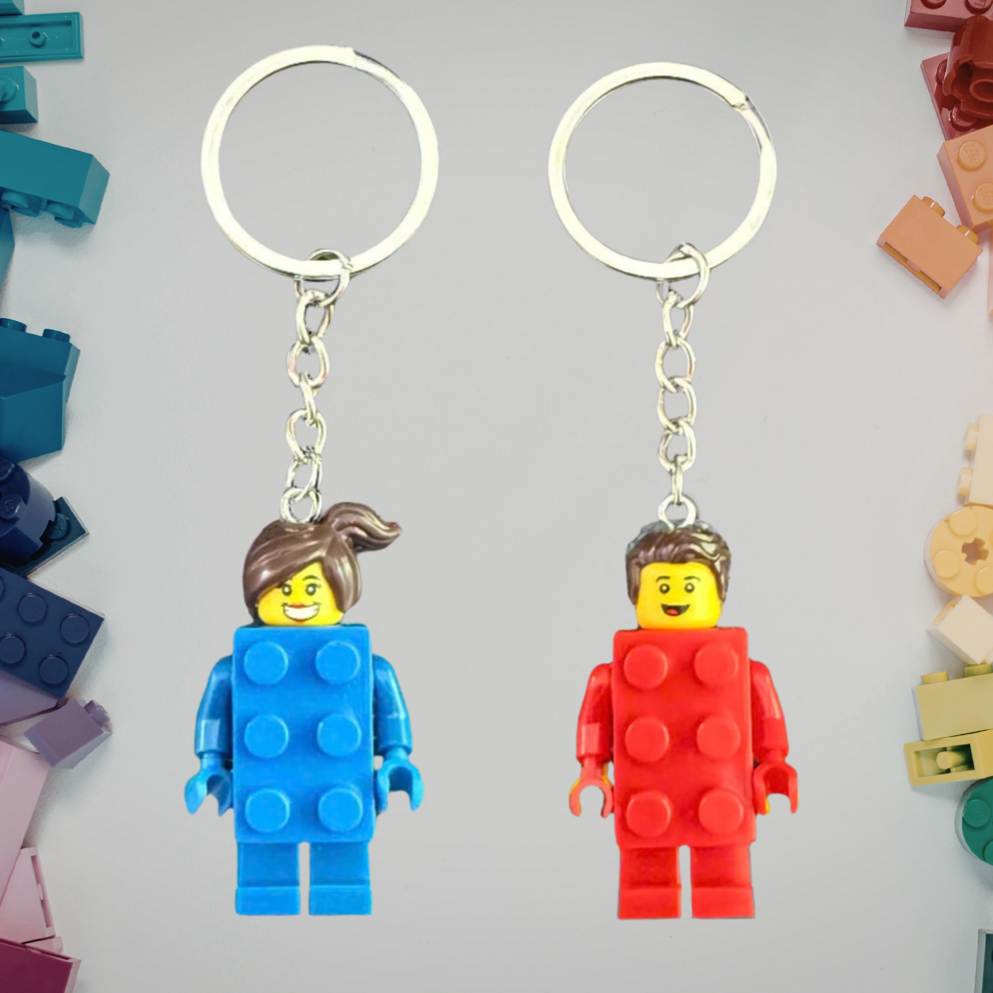 Red & Blue Brick Suit Minifigure Keychains (Set of 2)