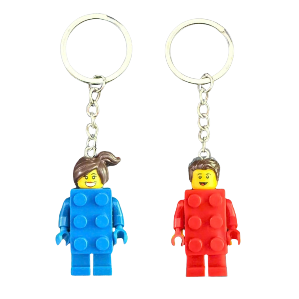Red & Blue Brick Suit Minifigure Keychains (Set of 2)
