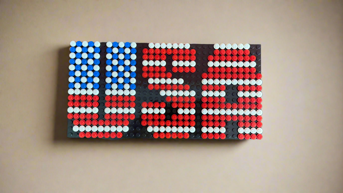Build-It-Yourself DIY USA Flag Brick Sign Kit – 32x16 Studs | Red, White & Blue Mosaic on Black Base