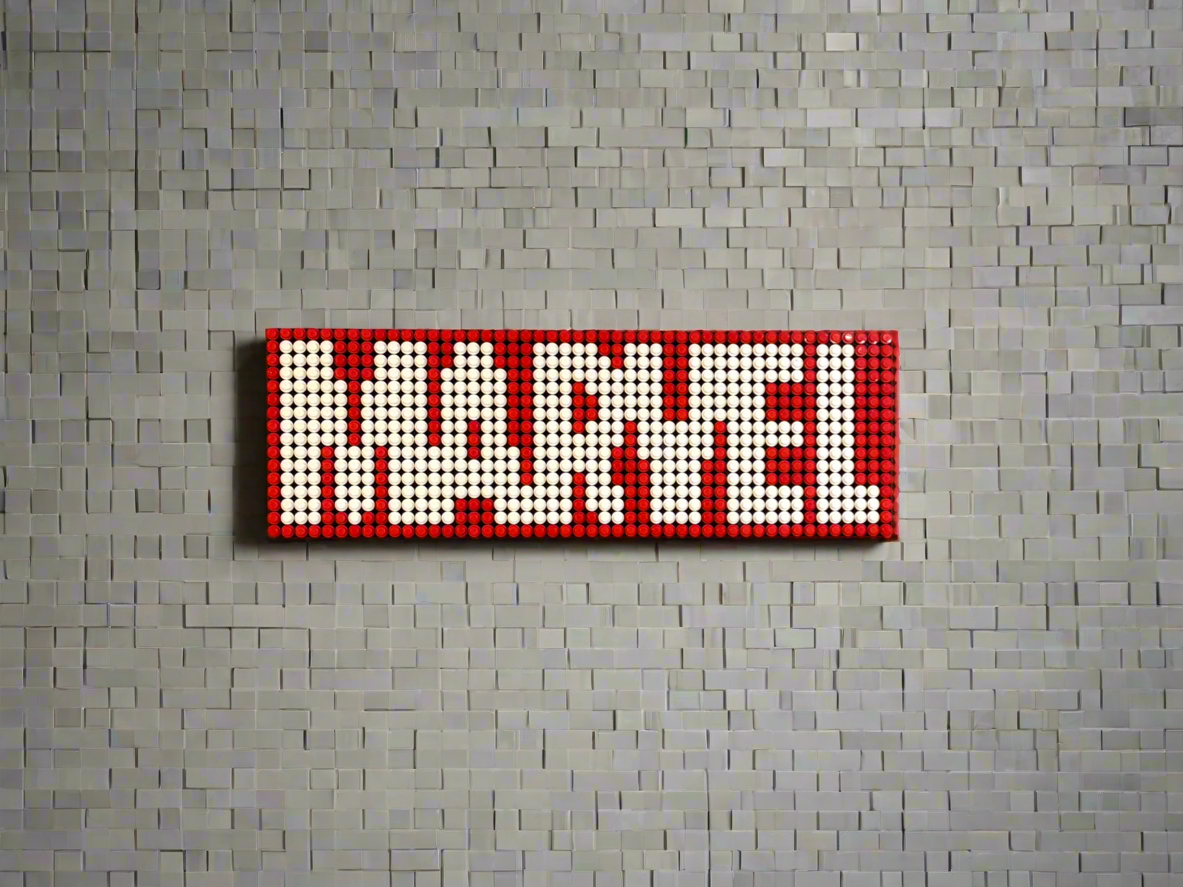 Marvel Logo Pixel Art | LEGO-Compatible Brick Mosaic | Superhero Wall Decor | Handmade 15"x5" Brick Sign
