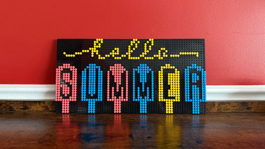 “Hello Summer” Pixel Art Sign | 62x32 LEGO-Compatible Brick Mosaic | Bright Summer Wall Decor | Handmade Brick Sign | Vibrant Seasonal Art