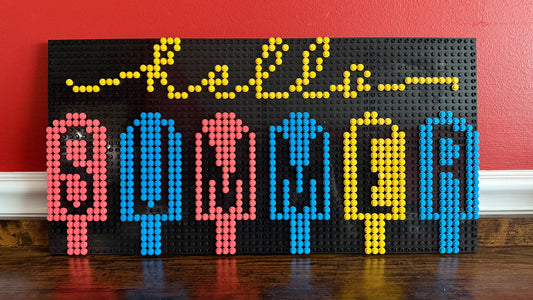 “Hello Summer” Pixel Art Sign | 62x32 LEGO-Compatible Brick Mosaic | Bright Summer Wall Decor | Handmade Brick Sign | Vibrant Seasonal Art