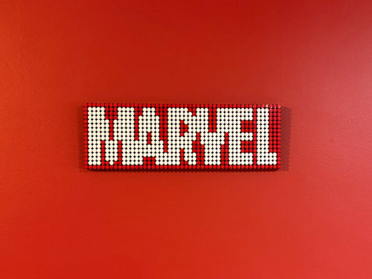 Marvel Logo Pixel Art | LEGO-Compatible Brick Mosaic | Superhero Wall Decor | Handmade 15"x5" Brick Sign