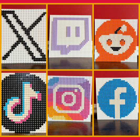 Social Media Logo Pixel Art | 32x32 Brick Mosaic Wall Art | Facebook, Instagram, X, Reddit, Twitch, TikTok