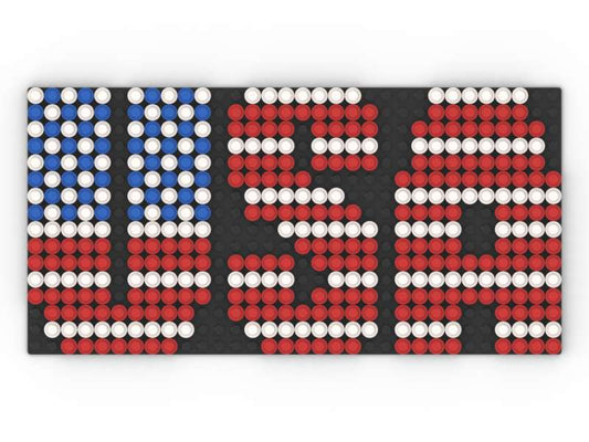 Build-It-Yourself DIY USA Flag Brick Sign Kit – 32x16 Studs | Red, White & Blue Mosaic on Black Base