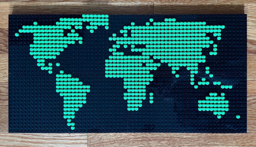 Brick World Map Mosaic | 64x32 Stud Pixel Art | Custom Color Options | Handmade LEGO-Compatible Wall Art | Travel & Geography Decor